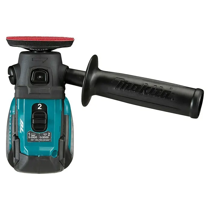 Makita LXT 18V Akku-Polierschleifer DPV300Z - 18 V, Ohne Akku, Leerlaufdrehzahl: 9.500 U/min - Bild einer Makita Poliermaschine mit rotem Polieraufsatz und schwarzem Handgriff. Das Gerät ist türkis und schwarz.