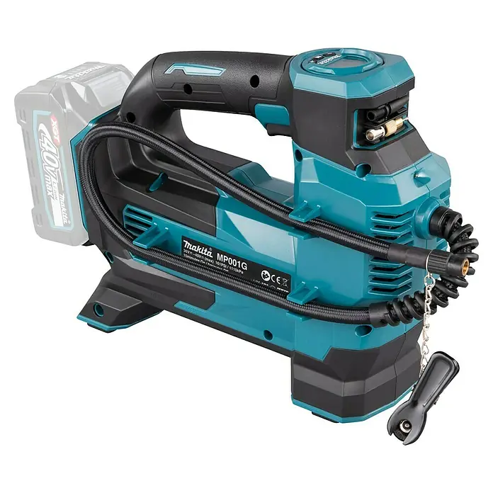 Makita XGT 40V max. Akku-Kompressor MP001GZ - 40 V, Ohne Akku, 11,1 bar - Das Bild zeigt einen tragbaren, akkubetriebenen Makita MP001G Luftkompressor in Türkis und Schwarz, ideal für unterwegs.