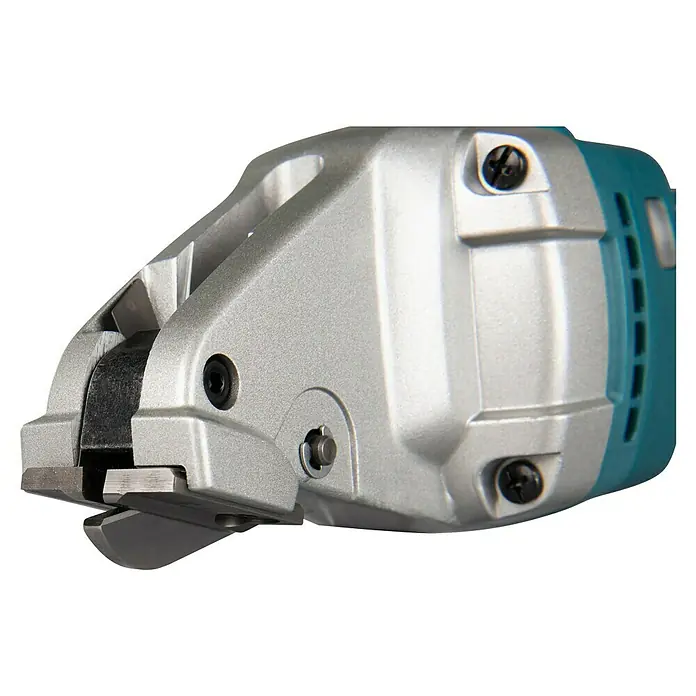 Makita LXT 18V Akku-Blechschere DJS161Z - 18 V, Ohne Akku, Leerlaufhubzahl: 4.300 /min - Nahaufnahme einer Blechschere, die durch ihr silbernes Gehäuse und blaue Akzente auffällt. Präzise Schnitte sind mit diesem Werkzeug garantiert.