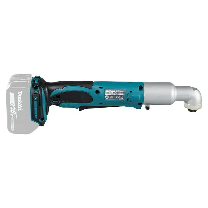 Makita LXT 18V Llave de impacto de batería DTL061 - 18 V, Sin batería, 60 Nm - Atornillador angular inalámbrico Makita DTL061 con batería de iones de litio de 18V y accesorio en ángulo plateado para lugares de difícil acceso.