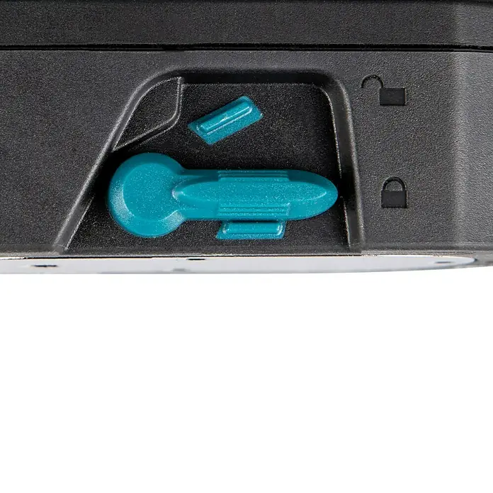 Makita CXT 12V max. Kreuzlinienlaser SK105DZ - 12 V, Ohne Akku, Max. Arbeitsbereich: 25 m - Detailaufnahme eines Werkzeugs mit einem blauen Schalter und Schloss-Symbolen für verschiedene Funktionen.