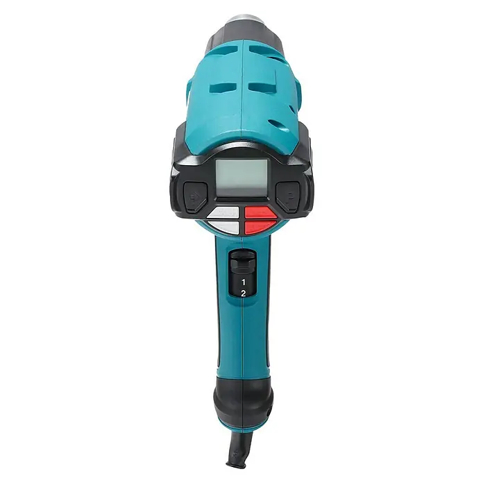 Makita Heißluftgebläse HG6531CK - 2.000 W, Temperaturbereich: 50 °C - 650 °C - Nahaufnahme einer türkisfarbenen Makita DCO180-Akku-Trockenbausäge mit digitaler Steuerung und Geschwindigkeitswahlschalter für präzise Schnitte.