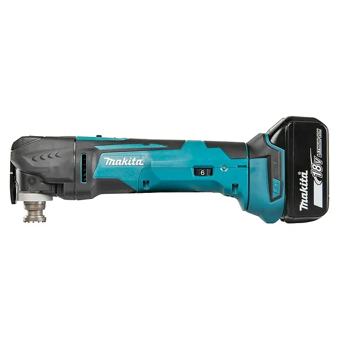 Makita LXT 18V Multiherramienta de batería DTM51 - 18 V, 1 batería, 5 Ah - Imagen de una herramienta multifunción inalámbrica Makita con batería de iones de litio de 18 V, ideal para reformas y construcción.
