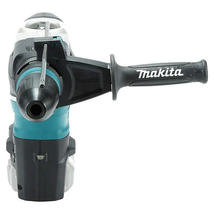 Makita LXT 18V Akku-Kombihammer DHR400ZKUN - 36 V, Ohne Akku, 8 J - Abbildung einer Makita Akku-Bohrmaschine mit Zusatzhandgriff. Ideal für kraftvolle Bohr- und Abbrucharbeiten mit kabelloser Freiheit.