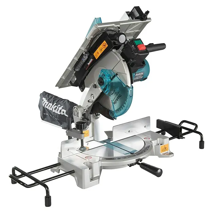 Makita Kapp- & Gehrungssäge LH1040F - 1.650 W, Durchmesser Sägeblatt: 260 mm, Leerlaufdrehzahl: 0 U/min - 4.800 U/min - Bild einer Makita Kapp- und Gehrungssäge mit blauem Sägeblattschutz, ideal für präzise Holzarbeiten.