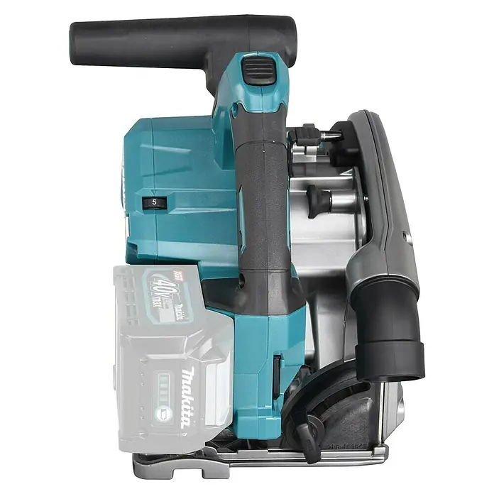Makita XGT 40V max. Akku-Tauchsäge im MAKPAC SP001GZ03 - 40 V, Ohne Akku, Durchmesser Sägeblatt: 165 mm, 2.500 U/min - Nahaufnahme einer Makita Tauchsäge, die durch ihr blau-schwarzes Design und ihre robuste Bauweise besticht. Ideal für präzise Schnitte.