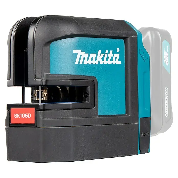 Makita CXT 12V max. Kreuzlinienlaser SK105DZ - 12 V, Ohne Akku, Max. Arbeitsbereich: 25 m - Abbildung eines Makita SK105D Kreuzlinienlasers mit Akku. Präzises Nivellieren für Bau- und Renovierungsprojekte.