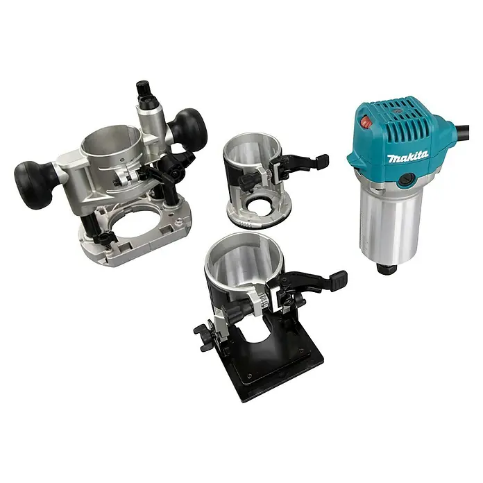 Makita Oberfräse RT0702CX2J - 710 W, 10.000 U/min - 34.000 U/min, Frästiefe: 0 mm - 40 mm - Dieses Bild zeigt eine Makita-Oberfräse, die ein leistungsstarkes Elektrowerkzeug für Holzbearbeitung und andere Materialien ist.