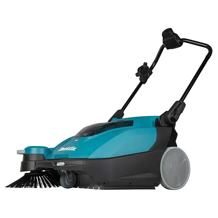Makita XGT 40V max. Akku-Handkehrmaschine VS001GZ - 40 V, Arbeitsbreite: 650 mm, 24 l - Das Bild zeigt eine Makita Akku-Kehrmaschine in Türkis und Schwarz, ideal für die effiziente Reinigung großer Flächen.