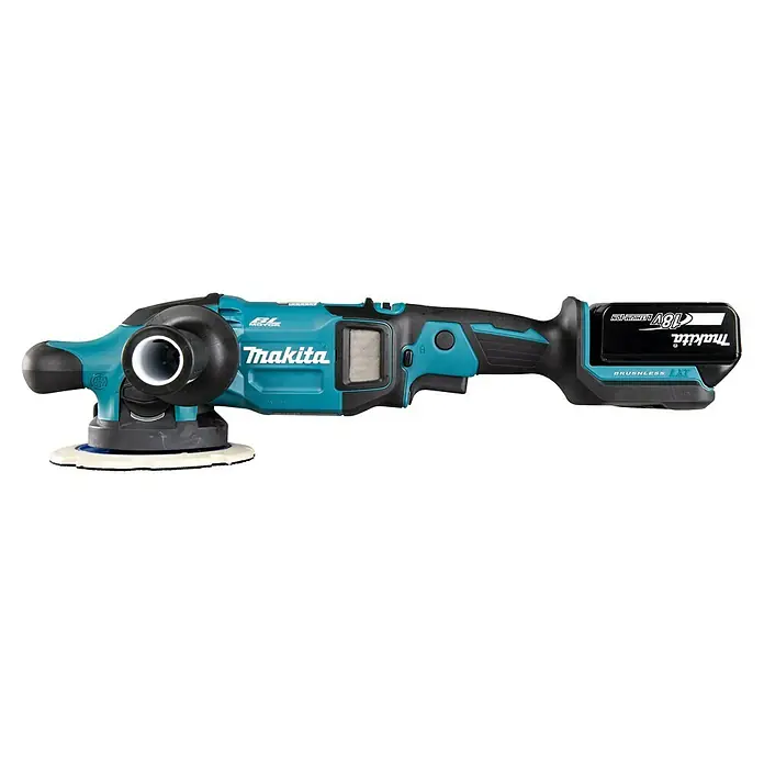 Makita LXT 18V Pulidora excéntrica de batería DPO600TKX1 - 2 baterías, 5 Ah - Pulidora orbital aleatoria inalámbrica de Makita en turquesa y negro. Adecuada para pulir y terminar la pintura con batería de 18V.