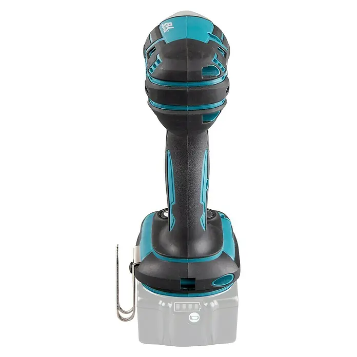 Makita LXT 18V Akku-Impulsschrauber DTS141Z - 18 V, Ohne Akku, 40 Nm - Nahaufnahme eines Akku-Schlagschraubers mit türkisfarbenen Akzenten und einem Clip auf der linken Seite.