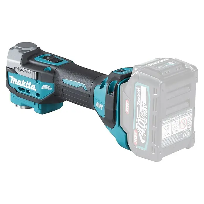 Makita XGT 40V max. Multiherramienta de batería TM001GZ - 40 V, Sin batería - La imagen muestra una herramienta multifunción inalámbrica Makita con STARLOCK MAX, motor BL y AVT, ideal para diversas aplicaciones.