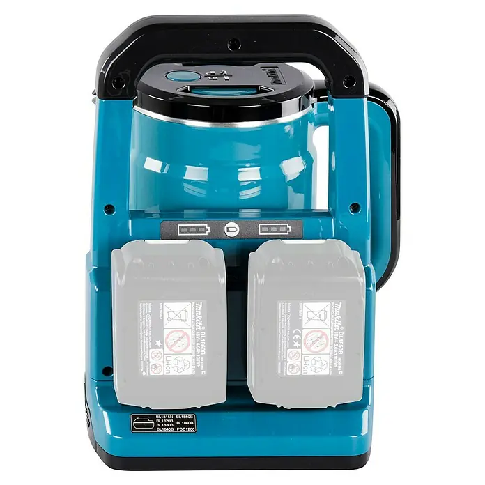 Makita LXT 18V Wasserkocher Akku DKT360Z - 18 V, Ohne Akku - Nahaufnahme eines Makita-Akkuladegeräts, das mit zwei Batterien kompatibel ist.