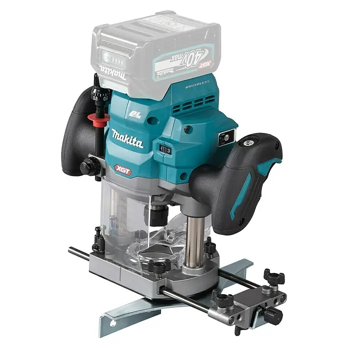 Makita XGT 40V max. Fresadora de batería RP001GZ - 40 V, 1 batería, 8.000 r.p.m. - 25.000 r.p.m., 6 mm - 12 mm - Imagen de una fresadora inalámbrica Makita que muestra su batería intercambiable y su diseño robusto para la carpintería de precisión.