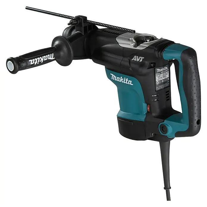 Makita Kombihammer HR3210FCT - 850 W, 4,9 J, SDS-Plus-Aufnahme - Nahaufnahme einer Makita Kombihammer HR3210FCT, einem Werkzeug zum Bohren und Stemmen in Beton und Mauerwerk, in Schwarz und Türkis.