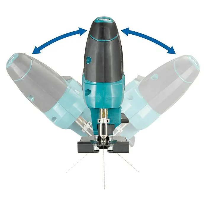 Makita LXT 18V Akku-Pendelhubstichsäge DJV184Z - 18 V, Li-Ionen, Anzahl Akkus: Ohne Akku, Leerlaufhubzahl: 0 /min - 3.000 /min - Diese Abbildung zeigt eine Stichsäge in verschiedenen Winkeln. Die Stichsäge ist ein Elektrowerkzeug zum Schneiden von Holz, Metall und anderen Materialien.