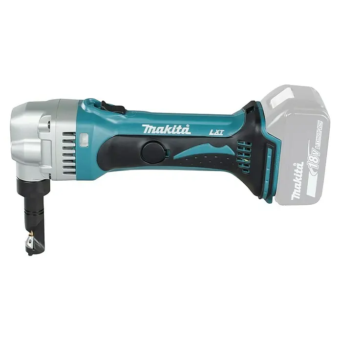 Makita LXT 18V Roedora de chapa DJN161 - 18 V, Sin batería - Primer plano de una cizalla de metal inalámbrica Makita con batería y carcasa azul y negra.
