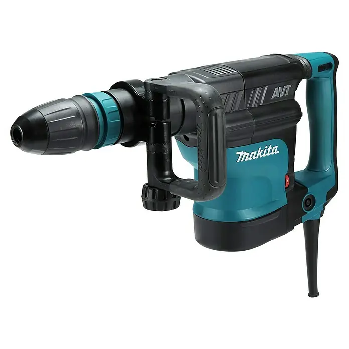 Makita Abbruchhammer HM1111C - 1.300 W, 11,2 J, SDS-Max-Aufnahme - Nahaufnahme eines Makita Abbruchhammers mit AVT in den Farben Schwarz und Türkis.