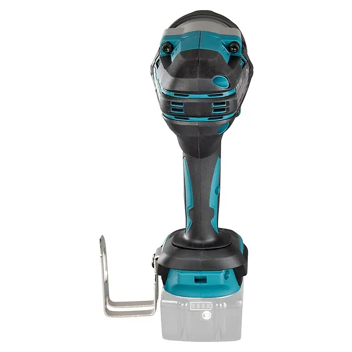Makita LXT 18V Akku-Schlagschrauber DTW1004Z - 18 V, Ohne Akku, 4 Ah, 1.050 Nm - Nahaufnahme eines Makita Akku-Schlagschraubers mit blaugrünen Akzenten und Gürtelclip.