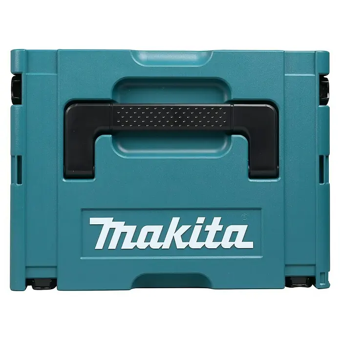Makita Oberfräse RP0900J - 900 W, 0 U/min - 27.000 U/min, Frästiefe: 35 mm - Nahaufnahme eines türkisfarbenen Makita-Werkzeugkoffers mit schwarzem Griff und weißem Logo.