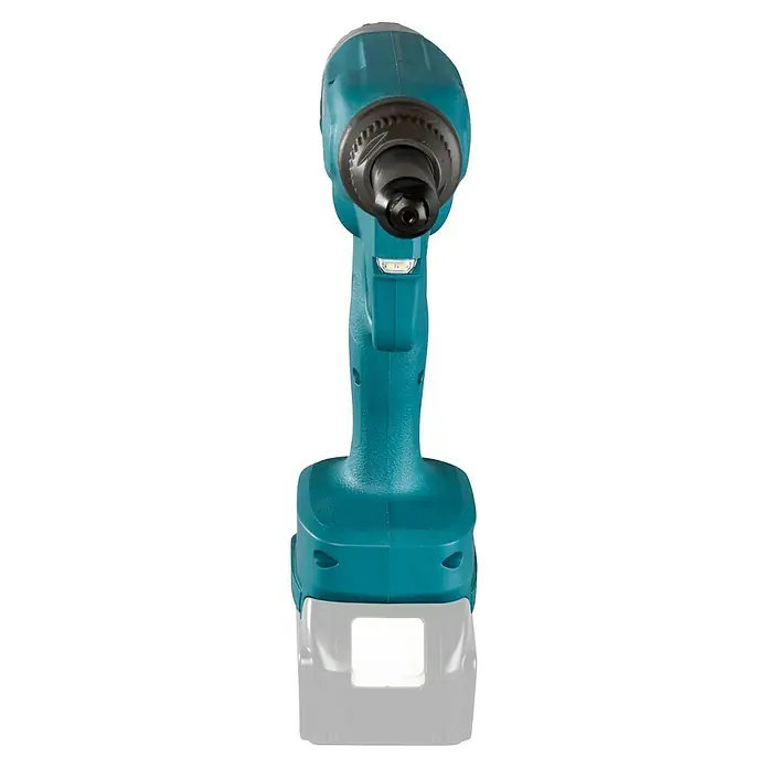 Makita LXT 18V Akku-Blindnietpistole DRV250Z - Li-Ionen, Ohne Akku, Hubhöhe: 30 mm - Nahaufnahme eines Akku-Schlagschraubers in Türkis und Schwarz mit Akku. Ideal für Bauprojekte und Heimwerker.