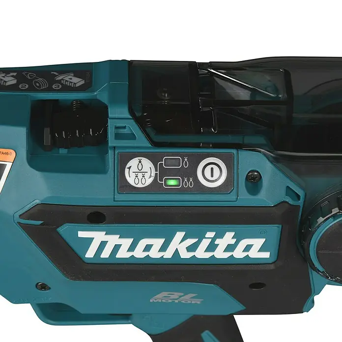 Makita LXT 18V Akku-Bewehrungsverbinder DTR181ZJ - 18 V, Ohne Akku - Nahaufnahme eines Makita-Werkzeugs mit klaren Details, das Design und die Funktionalität hervorhebt.
