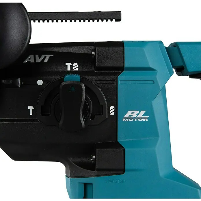 Makita XGT 40V max. Akku-Kombihammer HR010GZ - 40 V, Ohne Akku, 2,1 J - Detailaufnahme eines Makita Bohrhammers mit AVT und BL Motor. Der Drehschalter ist gut sichtbar.
