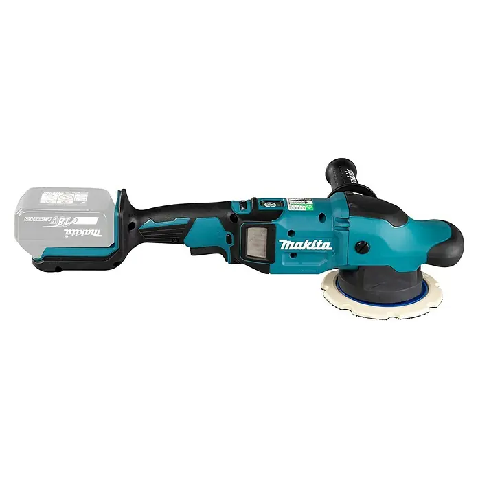 Makita LXT 18V Akku-Exzenterpolierer DPO600Z - 18 V, Ohne Akku, Durchmesser Polierteller: 150 mm - Das Bild zeigt einen Makita Akku-Polierer, ein hochwertiges Werkzeug für professionelle Polierarbeiten. Ideal für Autoaufbereitung und Oberflächenveredelung.