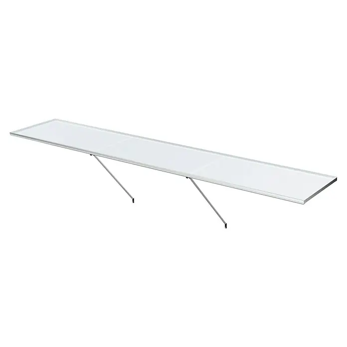 KGT Gewächshaus-Tisch - 300 x 63,5 x 85 cm - Das Bild zeigt eine moderne, weiße Glasablage mit silbernen Halterungen, ideal für Badezimmer oder andere Räume. Sie bietet stilvollen Stauraum.