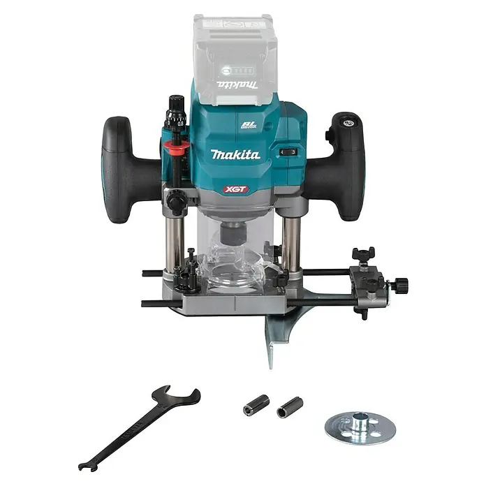 Makita Oberfräse RP001GZ - 40 V, 1 Akku - Das Bild zeigt eine Makita Akku-Oberfräse mit Zubehör. Das Gerät ist blaugrün und schwarz. Perfekt für Holzbearbeitung!