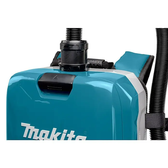 Makita LXT 18V Akku-Rucksackstaubsauger DVC665ZU - 36 V, Ohne Akku, Behältervolumen: 6 l, Mit Beutel - Nahaufnahme eines Makita-Rucksackstaubsaugers mit blau-grünem Gehäuse, schwarzem Schlauch und Tragegurten.