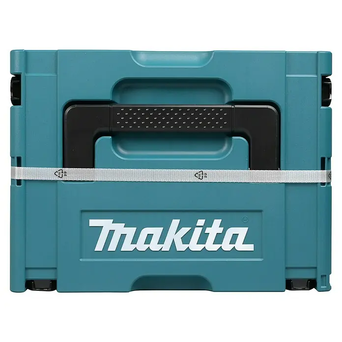 Makita LXT 18V Akku-Bewehrungsverbinder DTR180ZJ - 18 V, Ohne Akku - Nahaufnahme eines blauen Makita Werkzeugkoffers mit schwarzem Griff und silbernem Spanngurt.