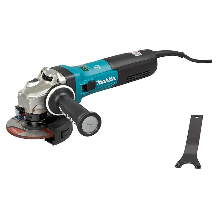 Makita Elektro-Winkelschleifer GA5091X01 - 1.900 W, Durchmesser Scheibe: 125 mm, Leerlaufdrehzahl: 0 U/min - 11.500 U/min - Abbildung eines Makita Winkelschleifers, ein Elektrowerkzeug zum Schleifen und Schneiden von Materialien, mit Zubehör.