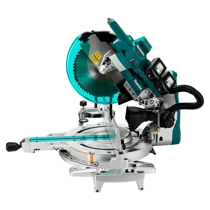 Makita LXT 18V Akku-Kapp- & Gehrungssäge DLS211ZU - 36 V, Ohne Akku - Akku-Gehrungssäge von Makita in blau-silberner Ausführung, ein Werkzeug für präzise Schnitte in Holz und anderen Materialien.