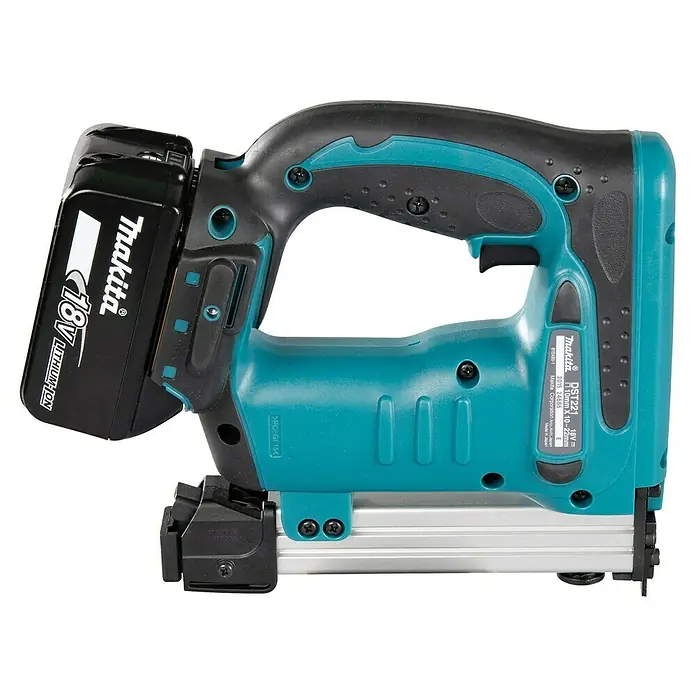 Makita LXT 18V Grapadora de batería DST221RTJ - 18 V, 2 baterías, 5 Ah - Grapadora inalámbrica Makita DST221 con empuñadura ergonómica y batería de iones de litio para un funcionamiento cómodo y eficiente.
