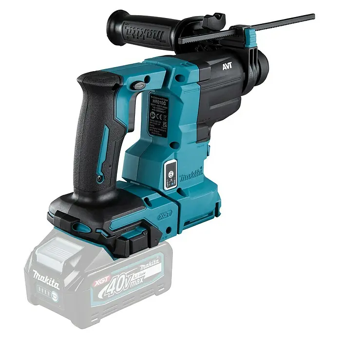 Makita XGT 40V max. Martillo combinado de batería HR010GZ - 40 V, Sin batería, 2,1 J - En la imagen, un martillo rotativo inalámbrico Makita HR010G, una herramienta potente para tareas de perforación exigentes.