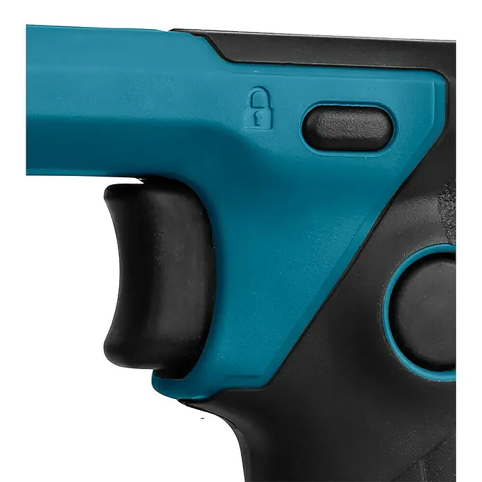 Makita LXT 18V Akku-Rührwerk DUT130Z - 18 V, Ohne Akku - Nahaufnahme eines Akku-Werkzeugs mit blauem Gehäuse und schwarzem Griff, das einen Auslöser, eine Sperrtaste und ein Sicherheitssymbol zeigt.