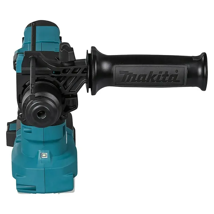 Makita LXT 18V Akku-Bohrhammer DHR183Z - 18 V, Ohne Akku, 1,7 J - Nahaufnahme einer Makita-Bohrmaschine mit einem Bohrfutter und einem schwarzen Zusatzhandgriff, ideal für schwere Bohrarbeiten.