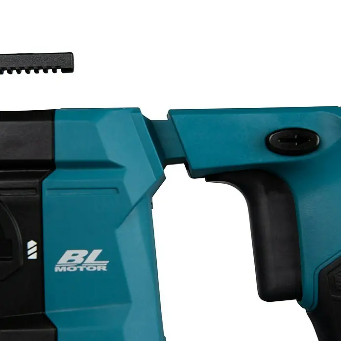 Makita XGT 40V max. Akku-Kombihammer HR010GZ - 40 V, Ohne Akku, 2,1 J - Nahaufnahme eines blauen Makita Akku-Bohrhammers mit schwarzem Griff und "BL Motor"-Logo.