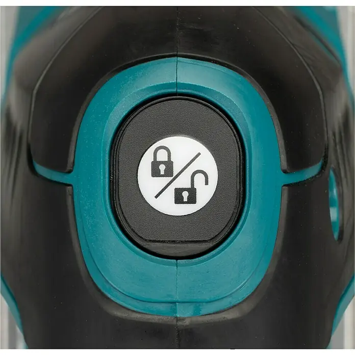 Makita LXT 18V Akku-Pendelhubstichsäge DJV184Z - 18 V, Li-Ionen, Anzahl Akkus: Ohne Akku, Leerlaufhubzahl: 0 /min - 3.000 /min - Nahaufnahme einer Entriegelungstaste an einem Elektrowerkzeug mit einem Symbol für Sperren/Entsperren.