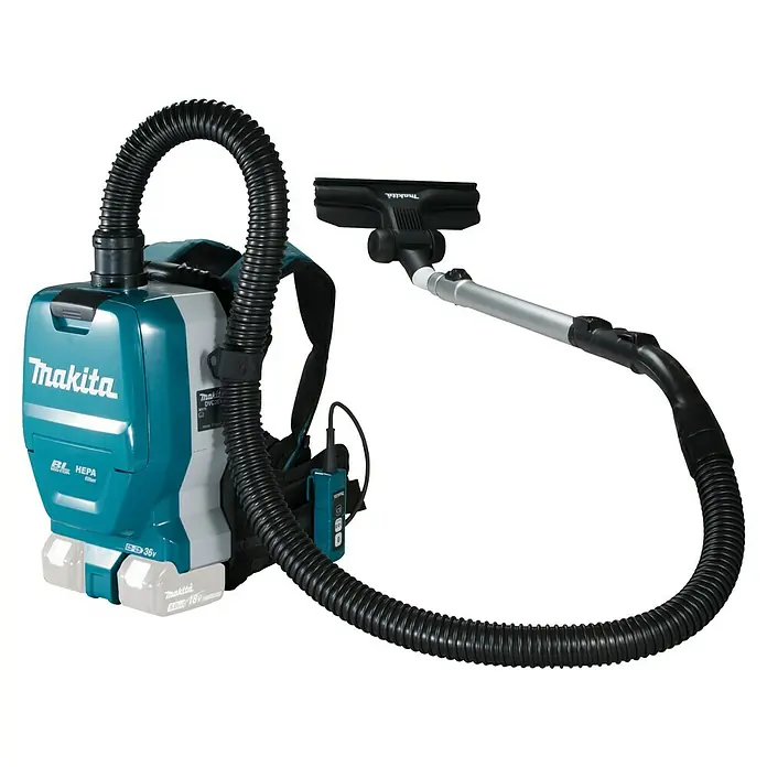 Makita LXT 18V Aspiradora con mochila de batería DVC261ZX15 - 36 V, Sin batería, Volumen de recipiente: 2 l - Imagen de una aspiradora portátil a batería Makita con accesorios y batería. Es verde azulado y negro.