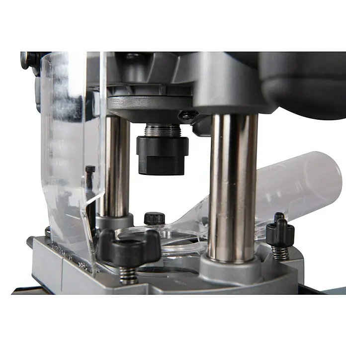 Makita Oberfräse RP001GZ - 40 V, 1 Akku - Detailansicht einer Oberfräse, die die Spindel und die Tiefenverstellung zeigt.