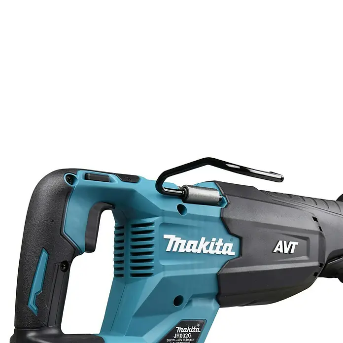 Makita XGT 40V max. Akku-Säbelsäge JR002GZ - 40 V, Ohne Akku, Leerlaufhubzahl: 3.000 /min - Nahaufnahme einer Makita Säbelsäge, Modell JR002G, mit blau-schwarzem Design und AVT-Technologie für vibrationsarmes Arbeiten.