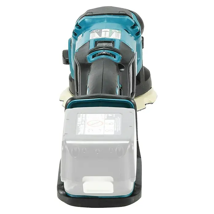 Makita LXT 18V Akku-Exzenterpolierer DPO500Z - 18 V, Ohne Akku - Nahaufnahme eines Makita Akku-Exzenterschleifers mit Geschwindigkeitsregler und Akku. Ideal zum Schleifen von Oberflächen.