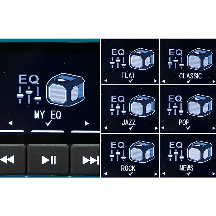 Makita Altavoz Bluetooth MR014G - 40 V, Sin batería - Pantalla que muestra configuraciones de ecualizador como Flat, Classic, Jazz, Pop, Rock, News y My EQ.