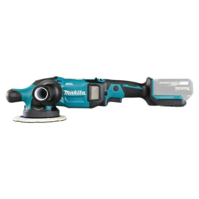Makita LXT 18V Pulidora excéntrica de batería DPO600 - 18 V, Sin batería, Diámetro plato de pulir: 150 mm - Toma de una pulidora inalámbrica Makita con batería. La herramienta es verde azulado y negra, y tiene un accesorio de pulido.