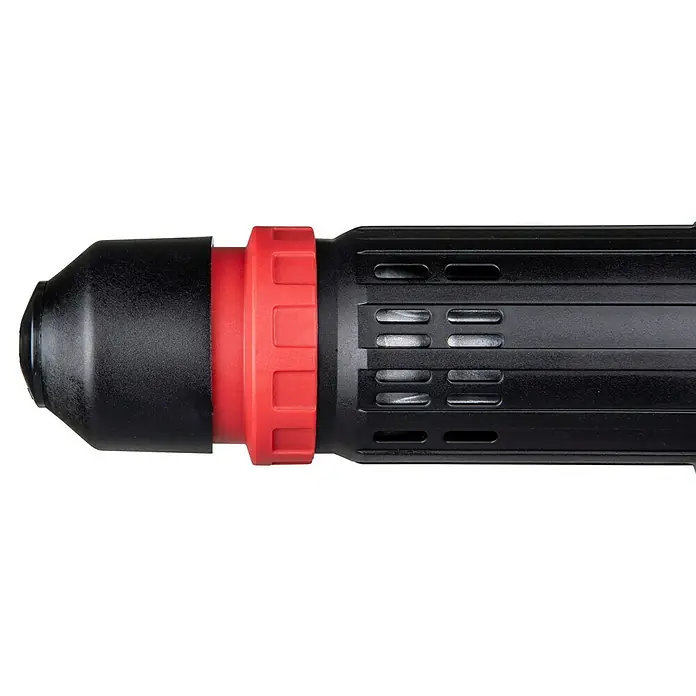 Makita Meißelhammer HK0500 - 550 W, Max. Schlagzahl: 3.500 U/min, 1,8 J - Nahaufnahme einer schwarzen Bohrmaschine mit rotem Ring.