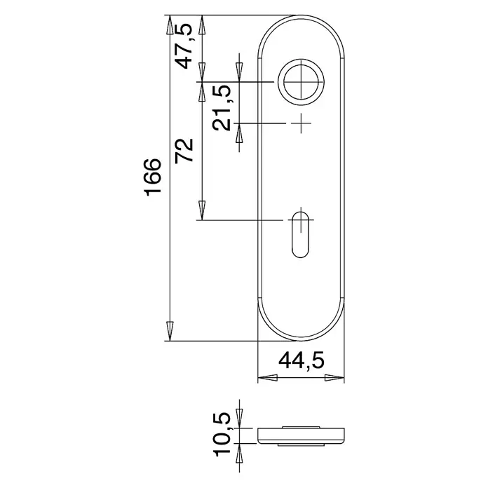 Portaferm Langschild - Distanznorm: 72 mm, Buntbart, Weiß - Technische Zeichnung des Türschildes mit genauen Abmessungen: 166mm Gesamtlänge, 44,5mm Breite und 10,5mm Dicke.