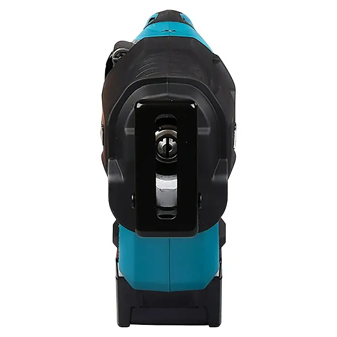 Makita XGT 40V max. Akku-Säbelsäge JR002GZ - 40 V, Ohne Akku, Leerlaufhubzahl: 3.000 /min - Eine Nahaufnahme eines Akku-Bohrschraubers mit blauem Gehäuse und schwarzem Kopf. Das Bohrfutter ist gut sichtbar.