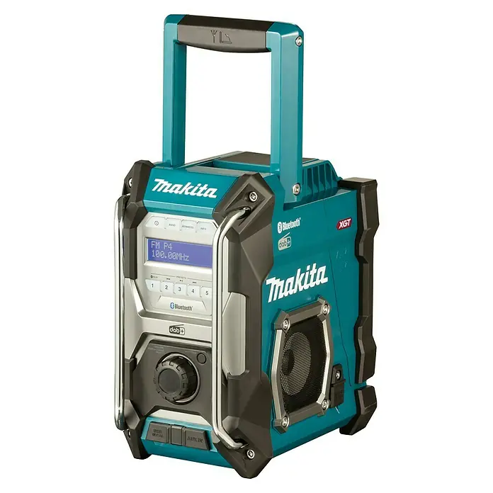 Makita Akku-Baustellenradio MR004GZ - 40 V, 174.928 - 239.200 MHz (DAB/DAB+) - Dieses Bild zeigt ein Makita Baustellenradio mit Bluetooth, DAB+ und AUX-IN, ideal für Musik auf der Baustelle. Das robuste Design schützt vor Beschädigungen.